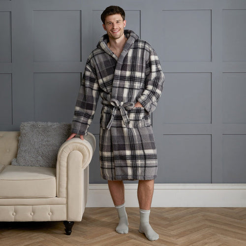 Tartan Check Print Teddy Dressing Gown, Adults - Charcoal 🇬🇧