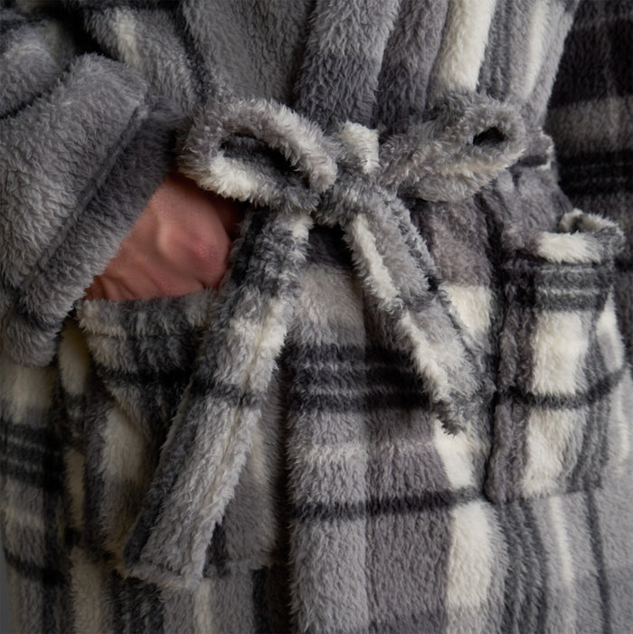 Tartan Check Print Teddy Dressing Gown, Adults - Charcoal 🇬🇧