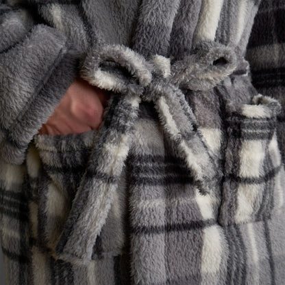 Tartan Check Print Teddy Dressing Gown, Adults - Charcoal 🇬🇧