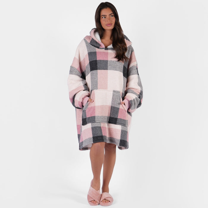 Tartan Winter Check Sherpa Hoodie Blanket, Adults - Blush 🇬🇧