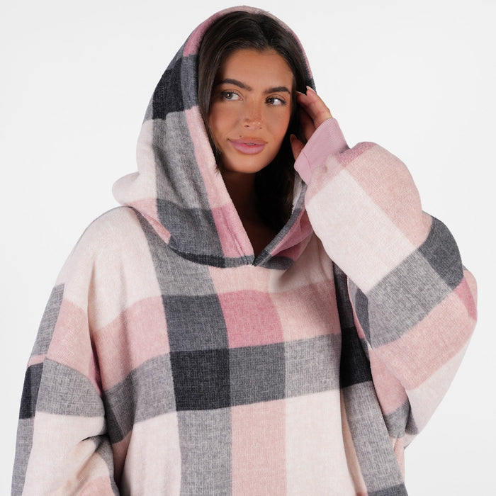 Tartan Winter Check Sherpa Hoodie Blanket, Adults - Blush 🇬🇧