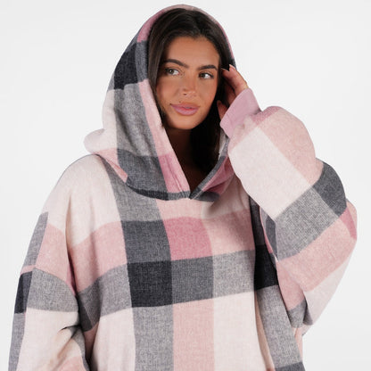 Tartan Winter Check Sherpa Hoodie Blanket, Adults - Blush 🇬🇧