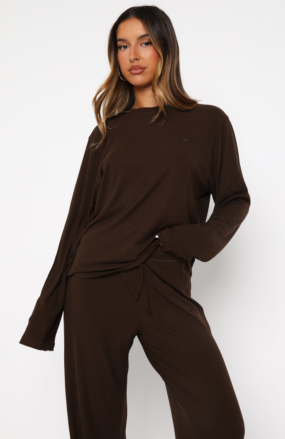 Come A Long Way Soft Lounge Long Sleeve Ribbed Tee Chocolate