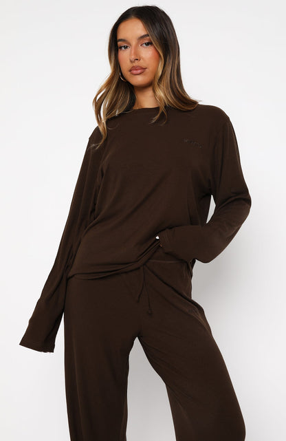 Come A Long Way Soft Lounge Long Sleeve Ribbed Tee Chocolate
