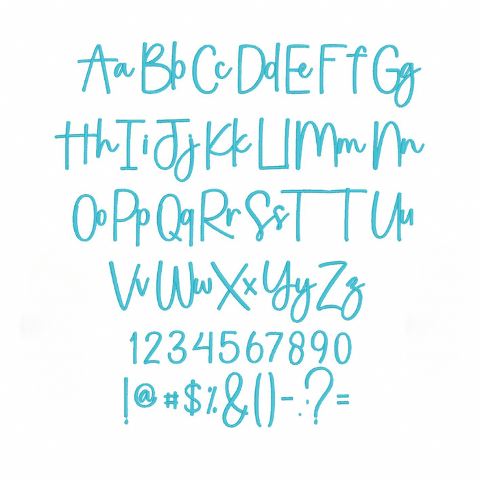 Teal alphabet and number chart for personalization, with symbols and currency characters